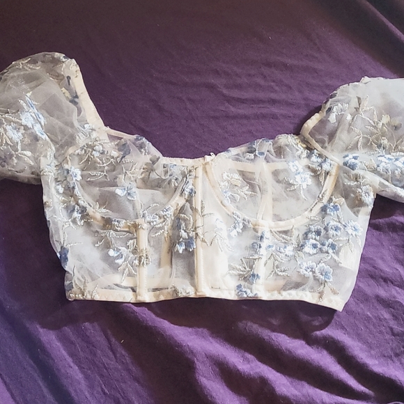 Sexy Blue & White Floral Mesh Corset Blouse Top M - Picture 1 of 2